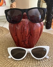 Lot: Two Pairs of SUNGLASSES White Cat Eye w/ Little Gold Stars Black Square