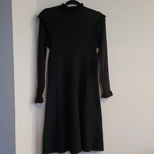 Nina Leonard Knit Dress Size M Black Long Sleeve Modest Dress w/Ruffle Detail
