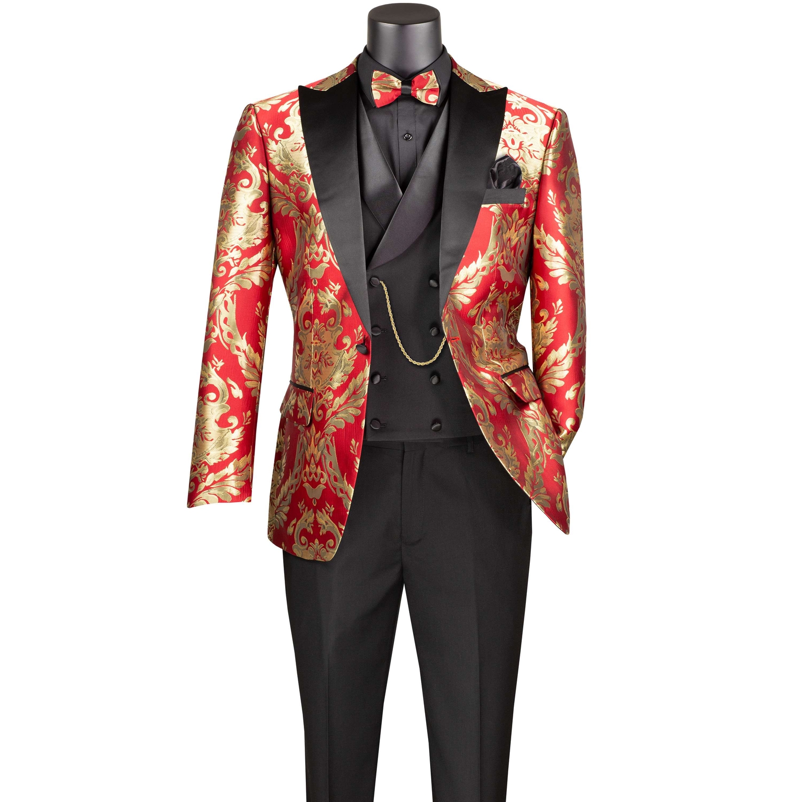 VINCI Men's Red & Gold Modern Fit 3pc Tuxedo Suit w/ Matching BowTie