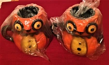 New Joanna Parker Transpac Ceramic Owl Pumpkin Mugs Set of Two