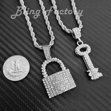 Hip Hop Iced Silver plated Lock  Key Pendant  24" Rope Chain Bling Necklace