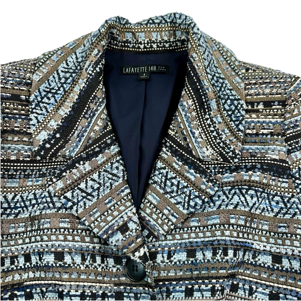 Chaqueta Blazer Lafayette 148 Talla 4 Negra Azul Tweed Flecos Texturizada Foto 2 de 4