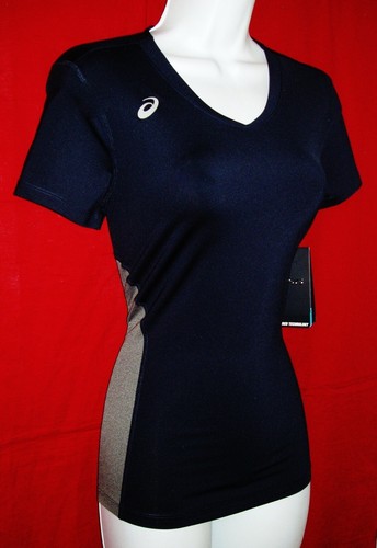 ASICS MOTION DRY WOMEN'S SHORT SLEEVE V-NECK LOGO TOP SIZE STRETCHY SMALL NWT - 第 1/11 張圖片