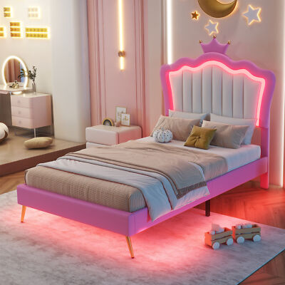 Twin Size Princess Bed Frame PU Leather Upholstered Crown Headboard Metal Legs