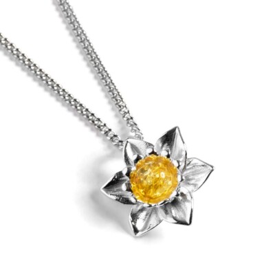 Narzisse Blume Halskette Anhänger 925 Sterling Silber Baltischer Bernstein Walisisch Geschenke