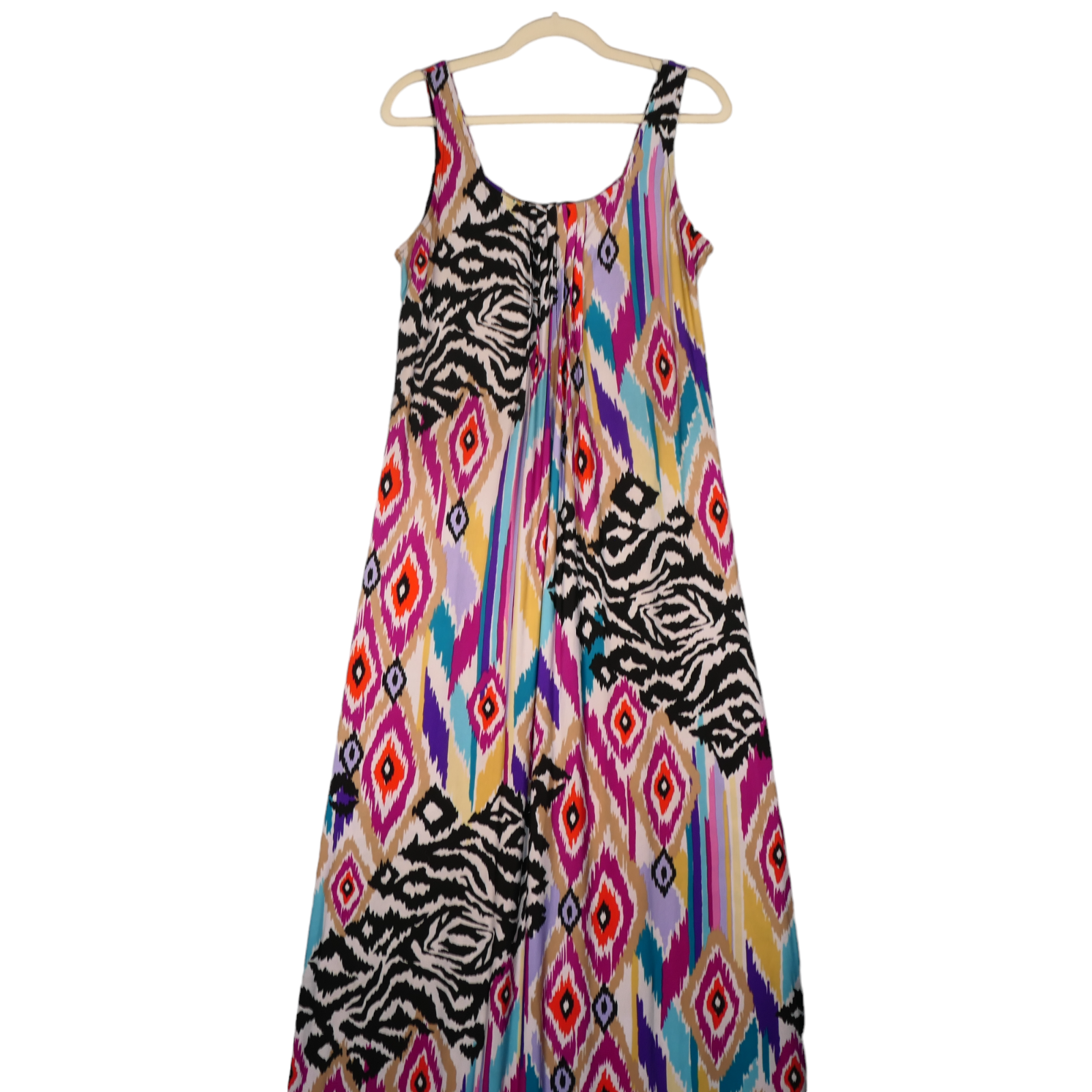 Glamorous Boho Maxi Dress for Women Size 16 - Pink Teal Black Geometric Print with Pleats-image