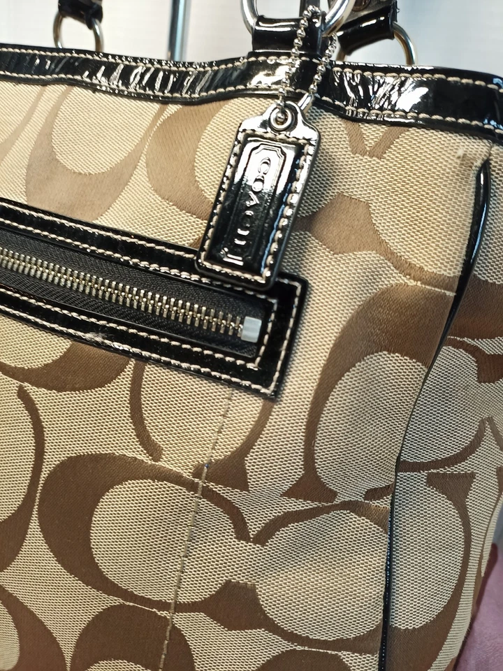 Coach Laura Bolso de Mano Grande Negro Marrón Bolso de Hombro Cuero Firma Charol Foto 4 de 4