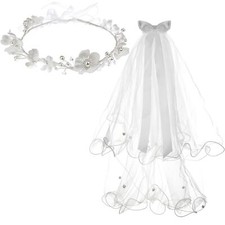 Girls First Communion Veil White Pearl Flower Crown Communion Veil