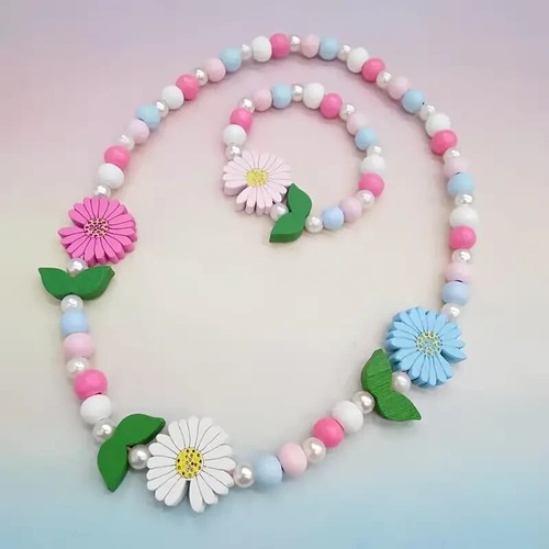 2 Stck. Mädchen Holz Blume Mehrfarbig Perlen Armband & Halskette Set Neu 8730