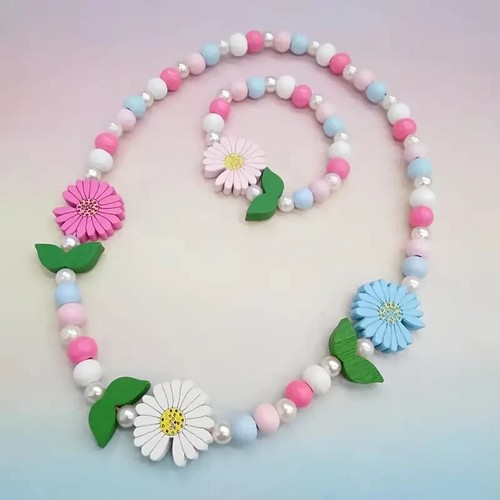 2 PC Girl's Wood Flower Multi-color Beaded Bracelet & Necklace Set New 8730 - 第 1/2 張圖片