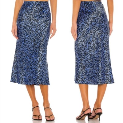 $128 NWT Flynn Skye Alice Blue Animal Print Midi Satin Bias Skirt L
