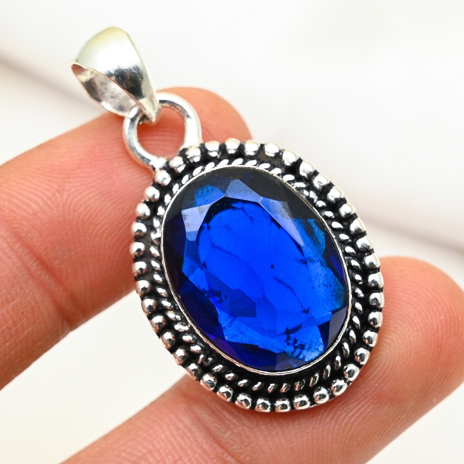 Lab-Created Blue Sapphire Pendant Gemstone Handmade 925 Sterling Silver Jewelry