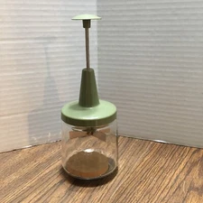 Androck Food Chopper Nut Herb Glass Plunger Avocado Green w/wooden block MCM Vtg