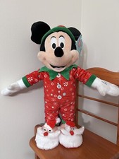 Disney Mickey Mouse Holiday Greeter in PJs, Santa Cap Slippers 19" Tall NWT