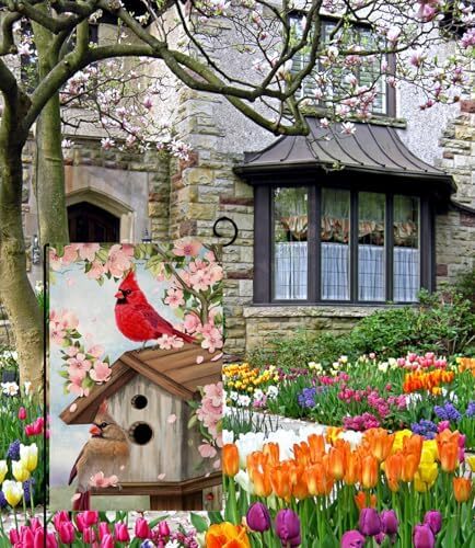 Spring Cardinal Garden Flag 12x18 Inc Double Sided Burlap Pink Floral Yard Decor - Picture 4 of 6