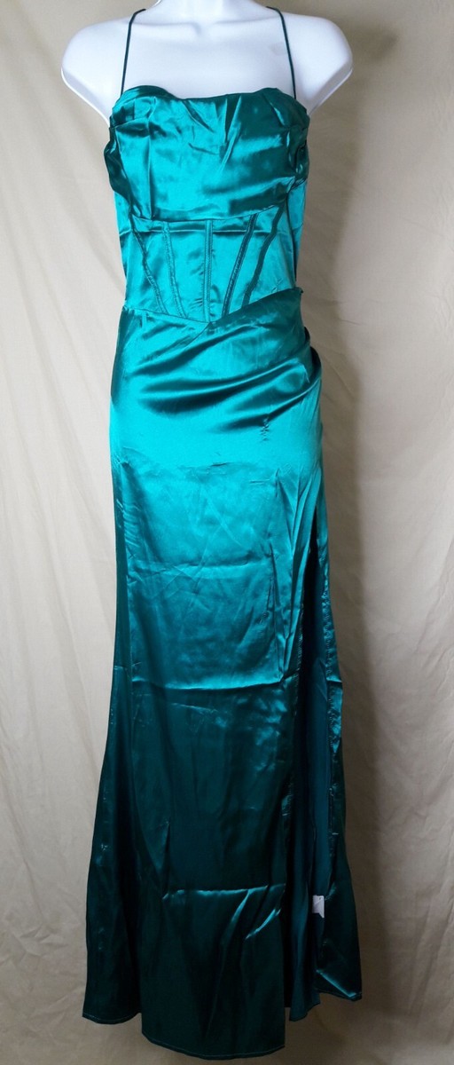 sachin and babi light blue dress NEW, Women's Emerald Green Satin Look Spaghetti Strap Slit Prom/Formal Dress  (S)