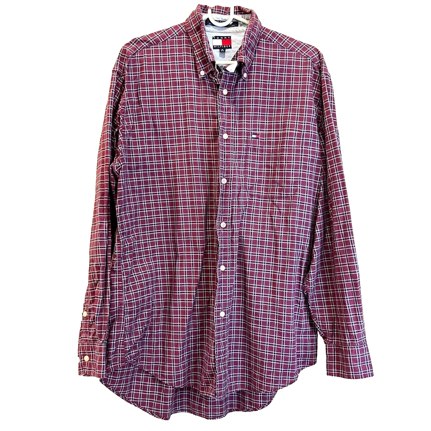 Tommy Hilfiger Men's Button Down Shirt Marron Blue Plaid Medium Long Sleeve