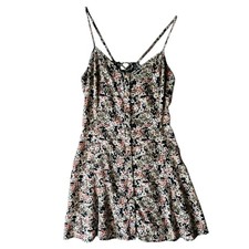 AEO Floral Button Front Mini Dress LaceUp Back Coquette Cottage Small Black Y2K