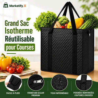 Grand Sac Isotherme Pliable Cabas Courses Alimentaire Zip Grande Capacité - Photo 1/4