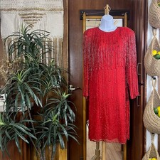 Vintage Silk Beaded Fringe Midi Dress L Red 80s Glam Evening Party Cocktail