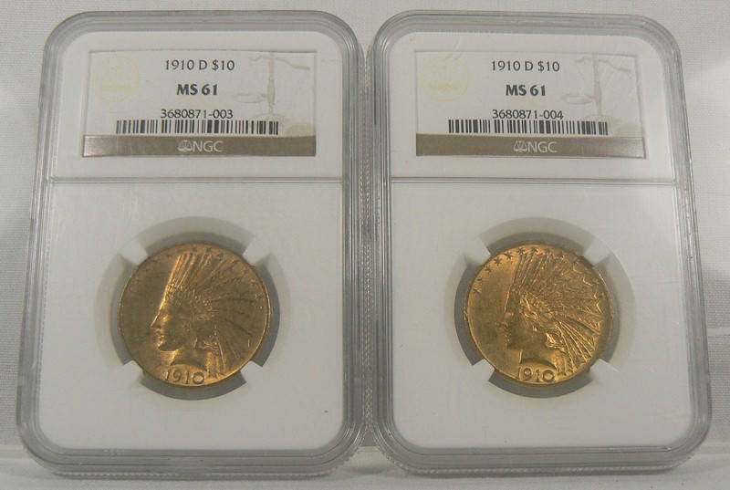 2 x 1910-D $10 Indian Head Gold Eagle - NGC MS 61 - Sequential Graded #s