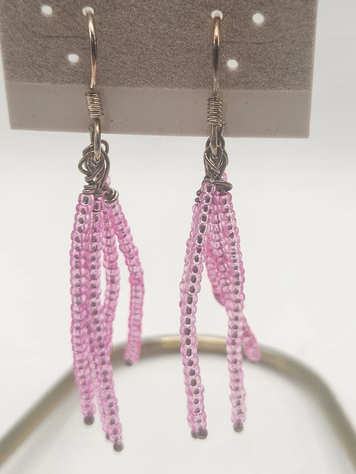 Y2K Pink Beaded Tassel Earrings Sterling Silver 925 Hooks Vintage Boho Festival - Image 2 of 4