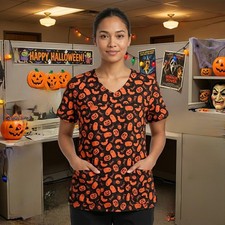 Halloween Scrub Top Sz M Ghosts Bats Pumpkins Spiders Boo Sanibel Scrubs