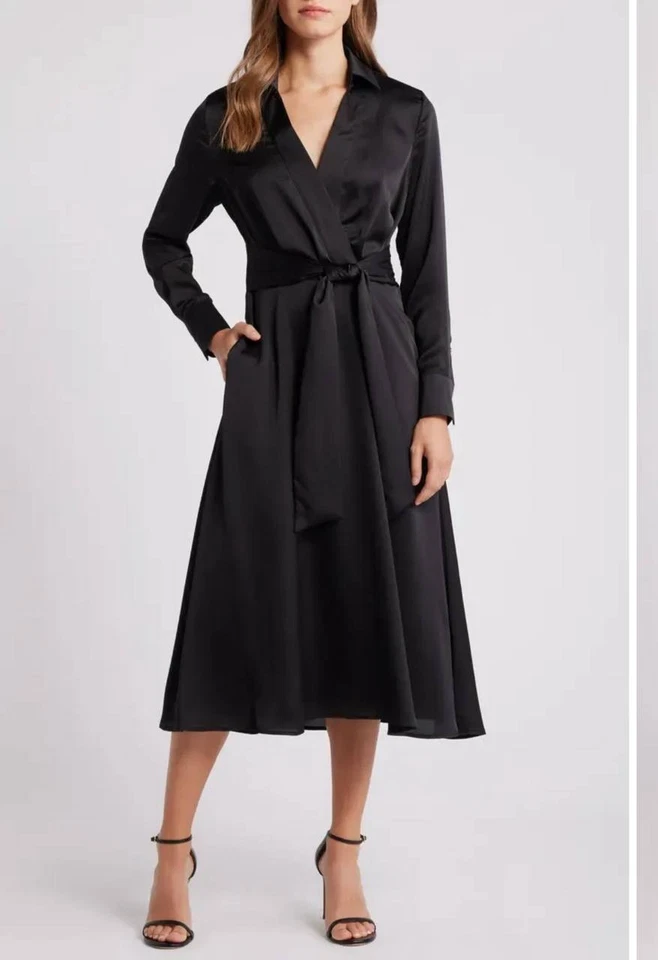 Vestido Camisa Tahari ASL Para Mujer Negro Satinado Manga Larga Sobrepelliz Autoatado Talla 10 Foto 4 de 4