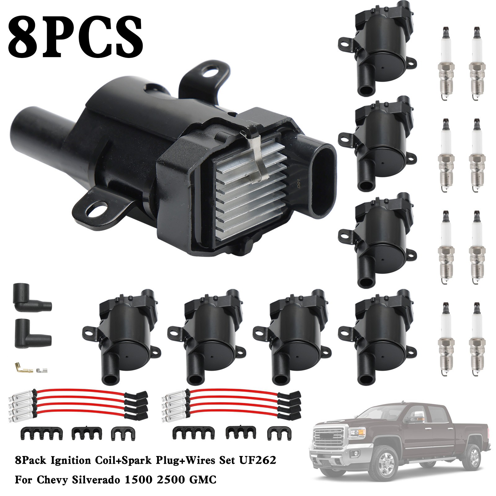 8Pack Ignition Coil+Spark Plug+Wires Set UF262 For Chevy Silverado 1500 2500 GMC