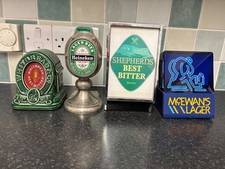 JOB LOT OF VINTAGE LIGHT UP BEER PUMP FONTS. HEINEKEN MCEWANS WHITBREAD ETC.