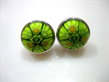 ORECCHINI A PERNO ARGENTO STERLING FLOREALE MURANO MILLEFIORI FIRMATI ALAN K VERDE