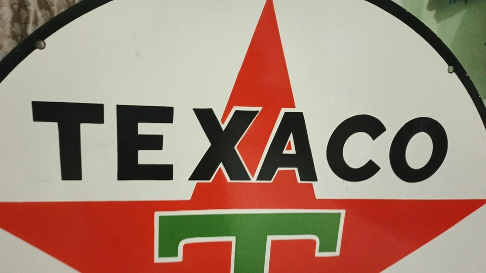Placa A.Texaco gasolina com esmalte porcelana metal pesado variação dupla face - Imagem 3 de 4