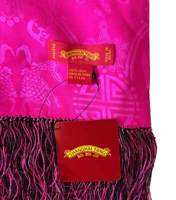 SHANGHAI TANG Fringed Scarf Silk Jacquard Reversible Magenta Navy