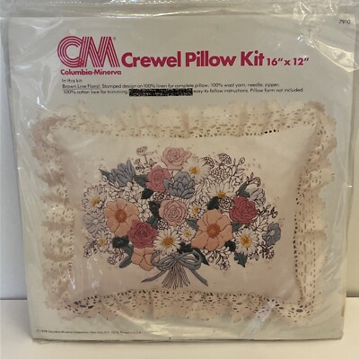 Vintage 1978 Columbia-Minerva Crewel Pillow Kit 16x12 #7910 Brown Line Floral