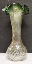 Antique 1900 Kralik Combed Relief Iridescent Green Ruffle Vase 10" Loetz Style