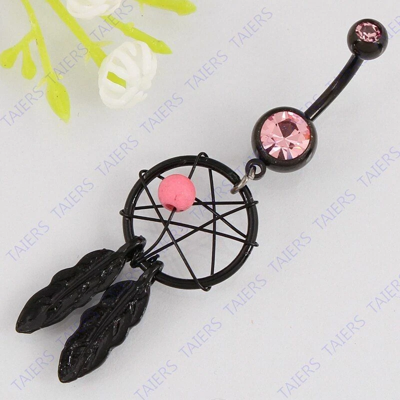 Barra para el vientre de acero inoxidable atrapasueños anillo ombligo piercing corporal joyería para mujer Foto 3 de 4