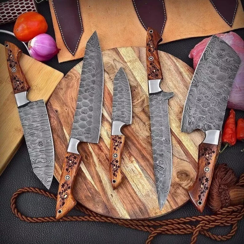 New Hand Made Hand Forged Damascus Steel Chef Kitchen Set Knives