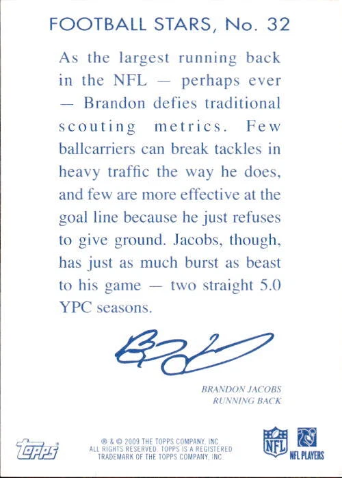 2009 Topps Brandon Jacobs #32 Chicle New York Giants 6P - Image 2 of 2