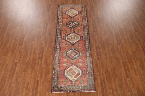Vegetable Dye Heriz Tribal Vintage Handmade Runner Rug 4x11 Hallway Wool Carpet - 第 3/23 張圖片