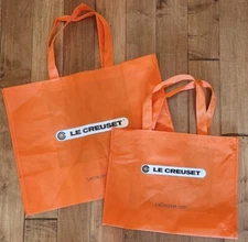 LE CREUSET Set of 2 Orange Cloth Reusable Shopping Gift Totes Large Medium Bags