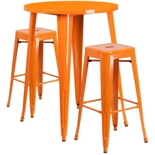 30'' Round Orange Metal Indoor-Outdoor Restaurant Bar Table Set w/2 Barstools