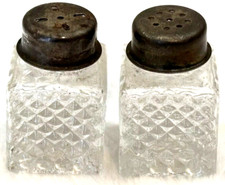 Vintage Clear Glass Diamond Etched w/ Metal Top Salt  Pepper Shakers