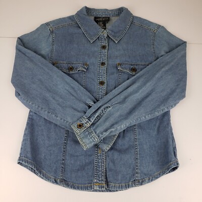 Carole Little Blouse Denim Button Up Shirt Women's 8 Light-Blue Top Flap Pockets