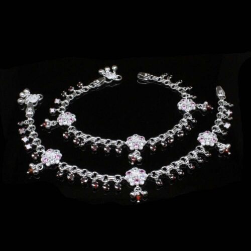 Wedding Real Silver Jewelry CZ floral Anklets Ankle (Pajeb) Bracelet Pair 10.7" - Photo 1/3