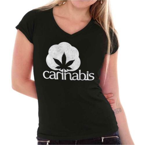 T-shirt femme juniors à col en V Cannabis Stoner marijuana Weed Smoking 420 - Photo 1/4