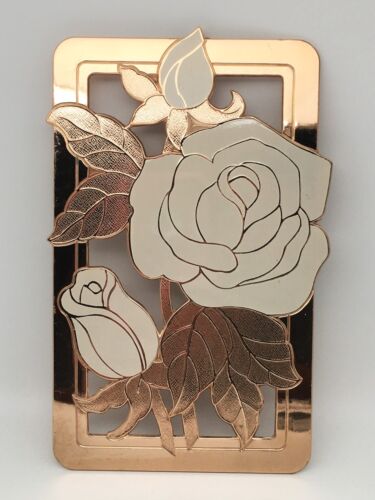 VTG WM A Rogers Brass Trivet Decor Gold Tone White Enamel Rose Japan Floral - Picture 1 of 10