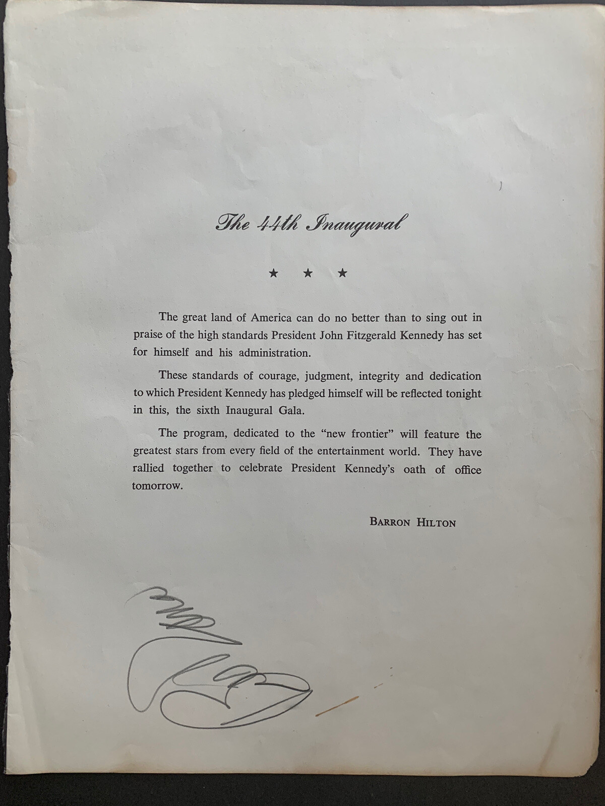 Barron Hilton (d.2019) Chargers Owner Signed 1960 JFK Inauguration Page JSA DB 