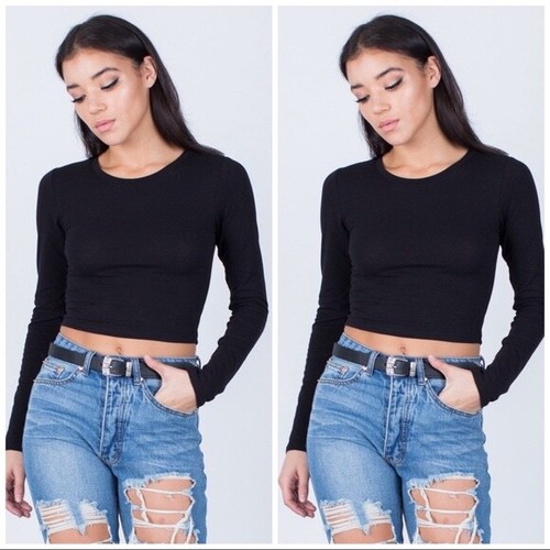 Forever 21 Black Ribbed Long Sleeve Crop Top Small | eBay