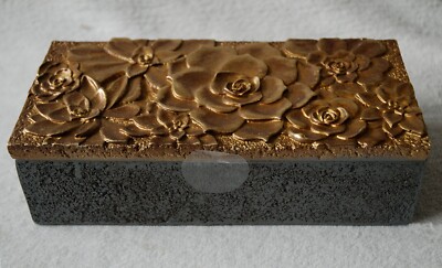 Trinket Box Heavy Resin Concrete Effect Base & Gold Floral Carved Lid 10x4.5x3''