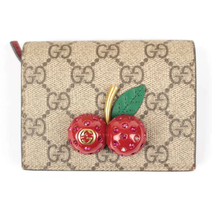 Portefeuille pliant motif cerise Gucci GG cuir suprême femme rare
